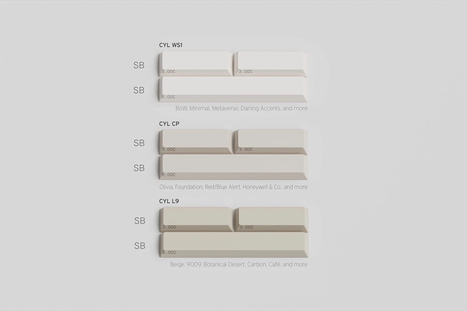 GMK CYL Light kit diagram showing paired 3u spacebars and a centered-stem 6u spacebar in WS1, CP and L9 colors.