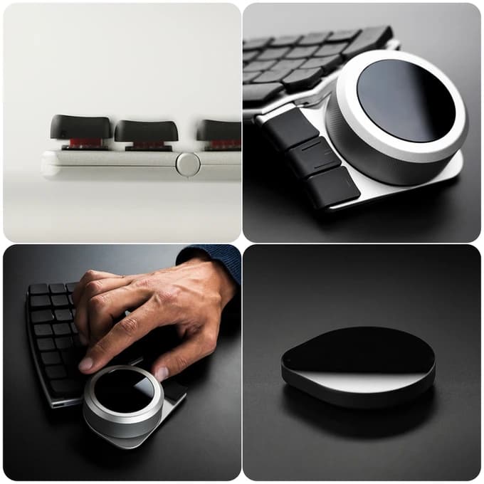 Four close-up photographs from the Naya Create campaign showing its keycaps and modular controls.