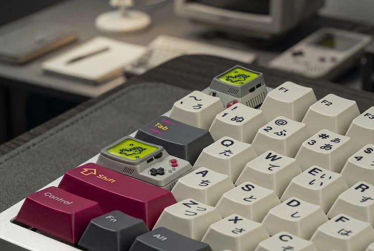 GSK’s DMG Handheld Set installed at Escape and stepped Caps Lock positions, each shaped like a gray handheld console with a yellow-green screen.