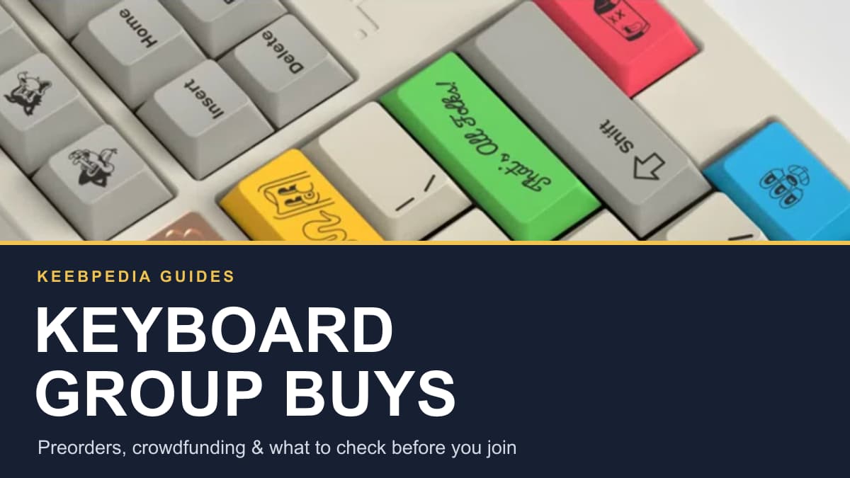 A close-up of colorful Project Rubrehose keycaps above the title KEYBOARD GROUP BUYS.