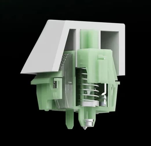 Cutaway rendering of a Wuque Studio WS Jade switch showing its spring and metal inserts in the stem and bottom housing.