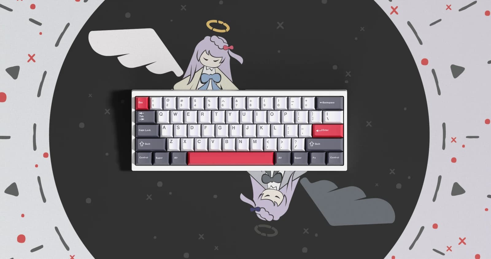 Render of a compact keyboard with off-white alphas, dark gray modifiers and red accents, on a deskmat with angel artwork.