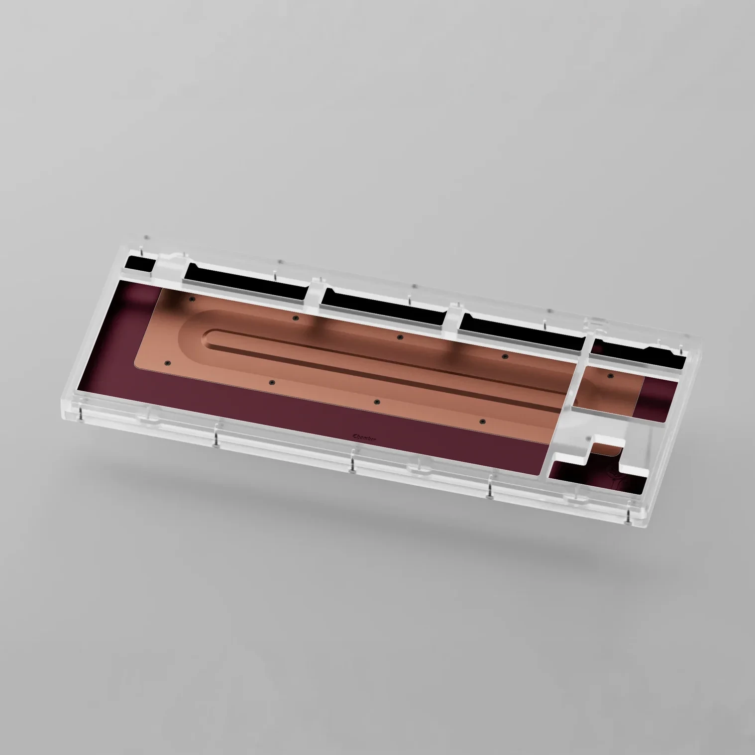 Chamber TKL product render showing a translucent polycarbonate top case, burgundy-colored bottom and copper-colored internal weight.