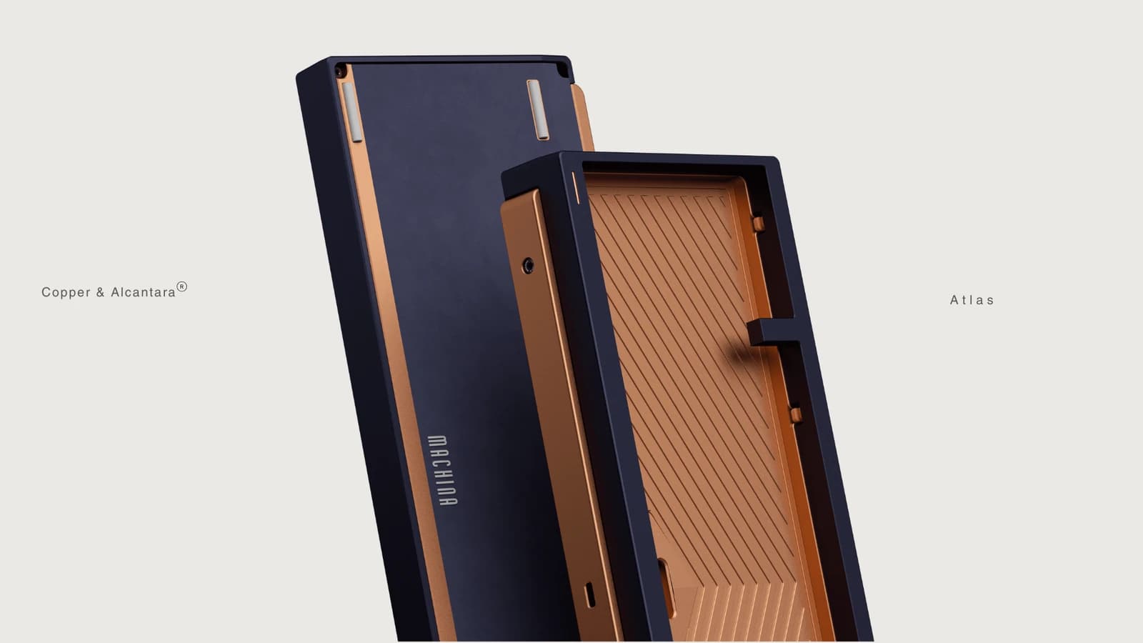 Atlas Tiga 2 illustration showing a dark blue case, dark blue underside and copper-colored interior and backpiece.