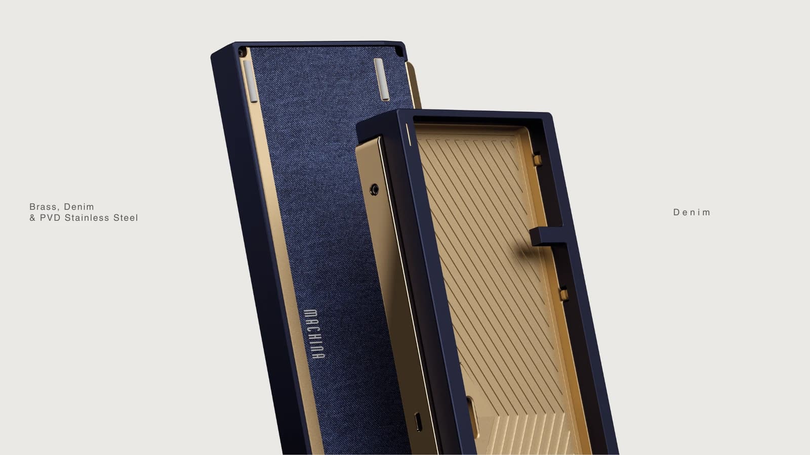 Denim Tiga 2 illustration showing a deep blue case, blue denim underside and gold-toned metal interior and backpiece.
