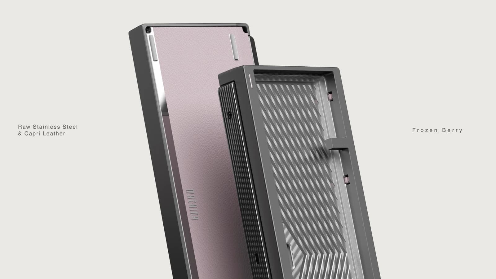 Frozen Berry Tiga 2 illustration with a pale pink textured underside and raw stainless steel interior.