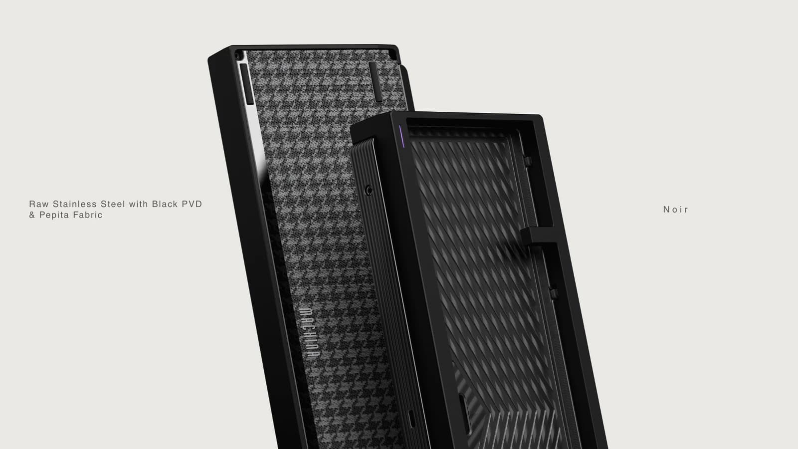 Machina’s Noir Tiga 2 promotional image showing a black keyboard case beside its Pepita fabric-covered underside, labeled raw stainless steel with black PVD and Pepita fabric.