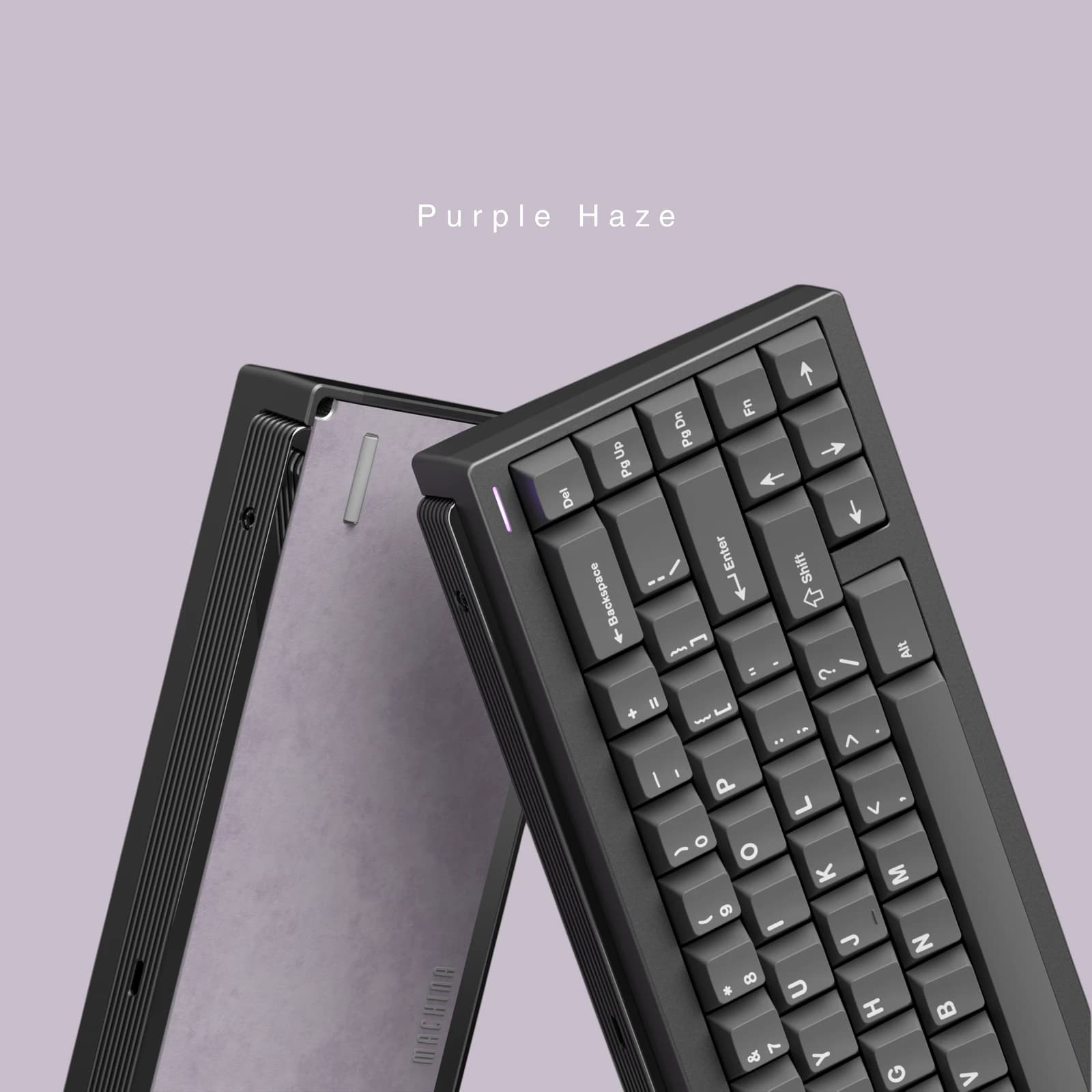 Official Purple Haze Tiga 2 illustration showing the dark case with keycaps installed, beside its purple underside.