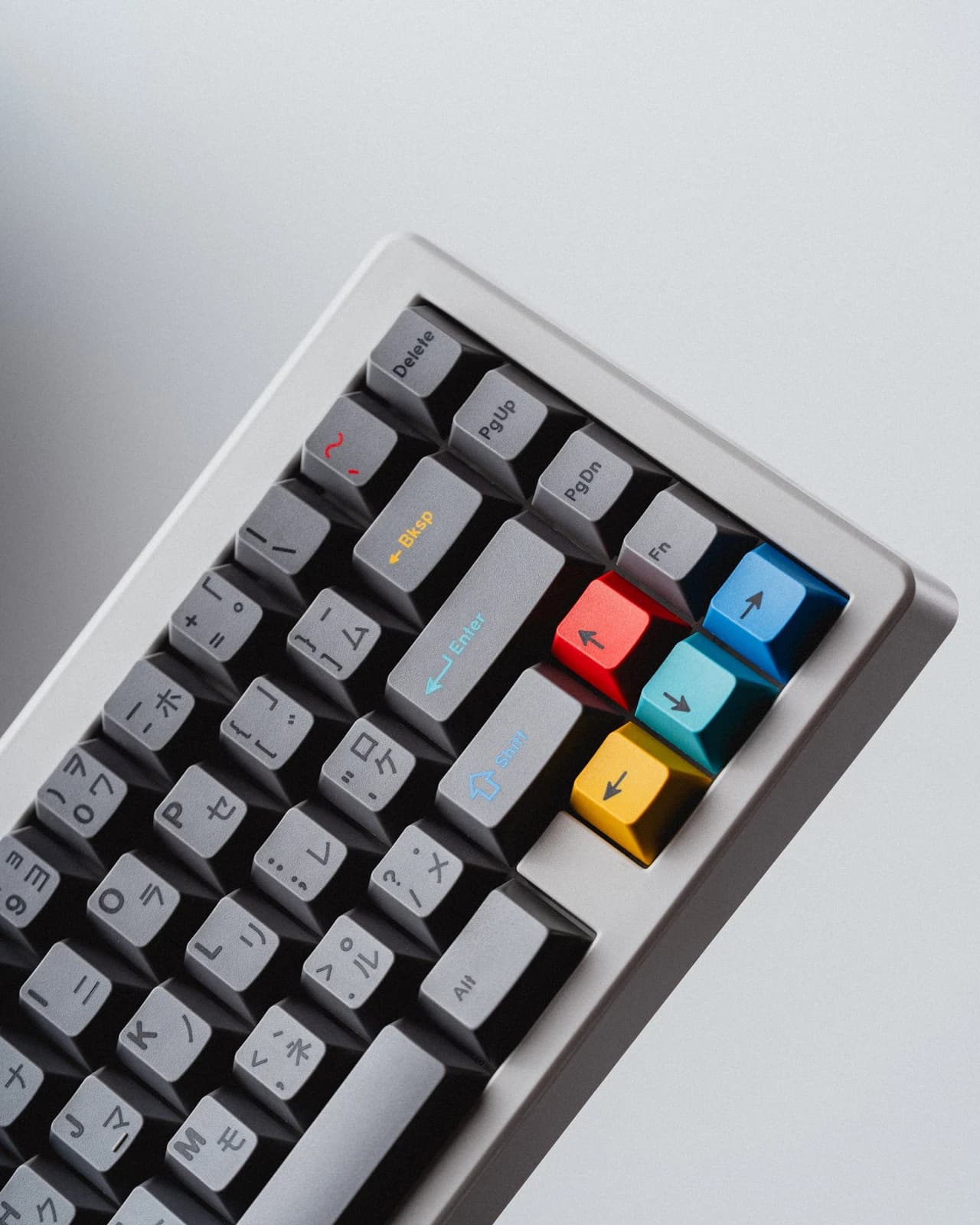 Grey DUALSHOT keycaps with coloured accents and Japanese sublegends, shown on a keyboard.