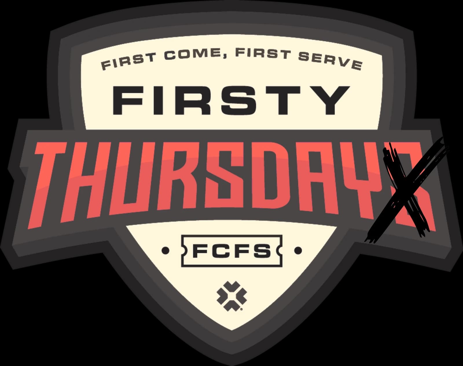 Omnitype’s official Firsty Thursday Halloween badge, with the final S crossed out.