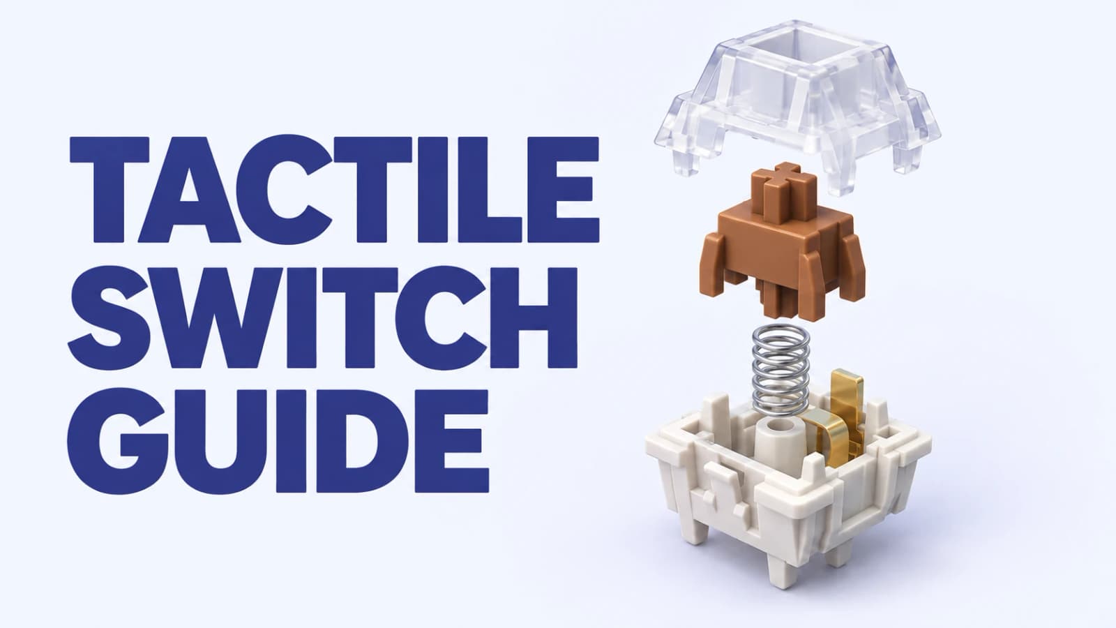 TACTILE SWITCH GUIDE beside an exploded conceptual illustration of a brown stem, silver spring, and translucent switch housing.