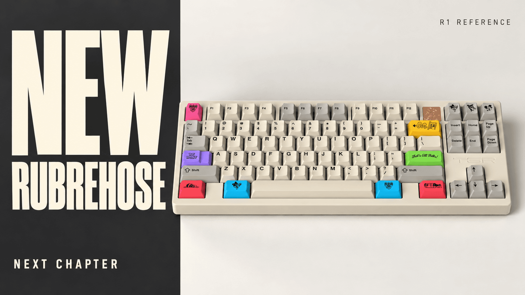 NEW RUBREHOSE — NEXT CHAPTER editorial graphic, featuring the beige Round 1 keyboard with colorful novelty keycaps and an R1 REFERENCE label.